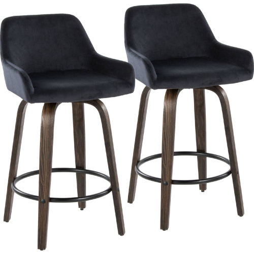 Daniella 26" Swivel Counter Stool Walnut Glazed Wood & Black Velvet with Black Footrest (Set of 2)